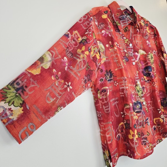 Chicos Women Large (2) Red Button Up Shirt Asian Inspired Sheer Linen Blend.A52‎ - Picture 3 of 11